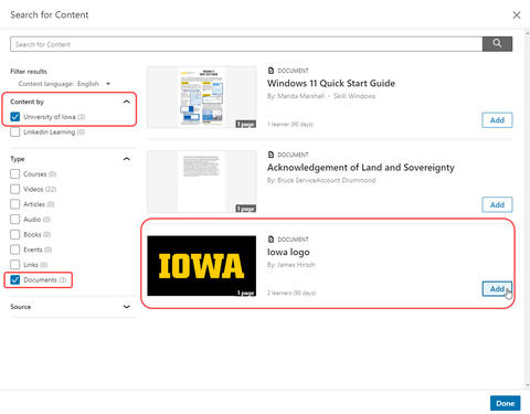 Search for Content with University of Iowa content selected, then Documents and finally the Iowa logo