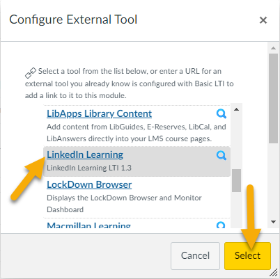 The external tool menu with an arrow pointed to LinkedIn Learning grayed out because it is selected and another arrow pointing to Select.
