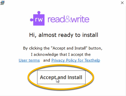 Pop-up asking if Read&Write can be installed, accept and install is circled.
