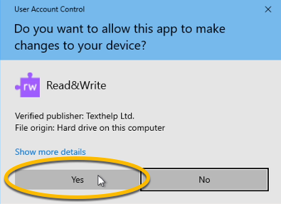 Second pop-up asking if Read&Write can make changes to the device, yes is circled.