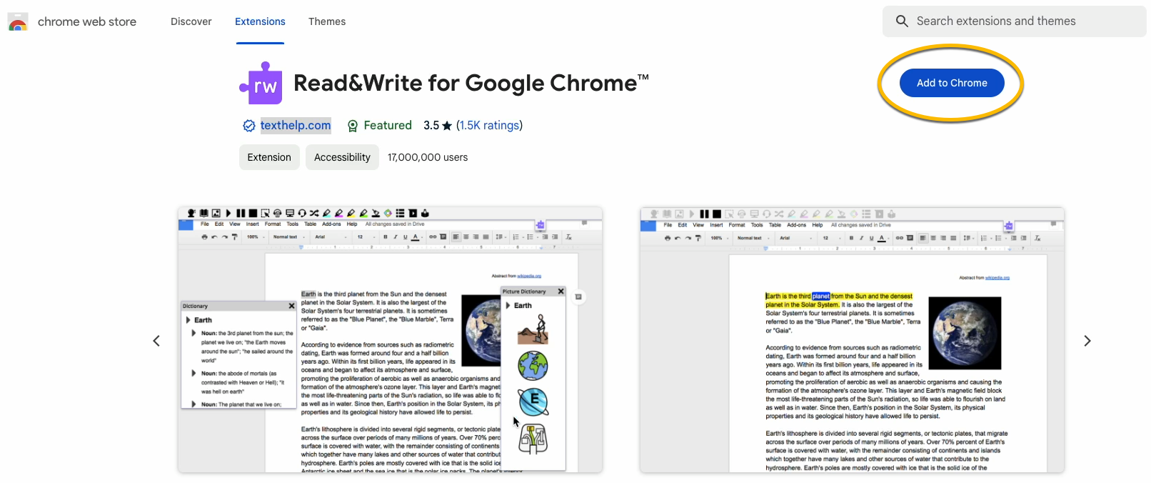 screenshot of google web store for read&write chrome extension 