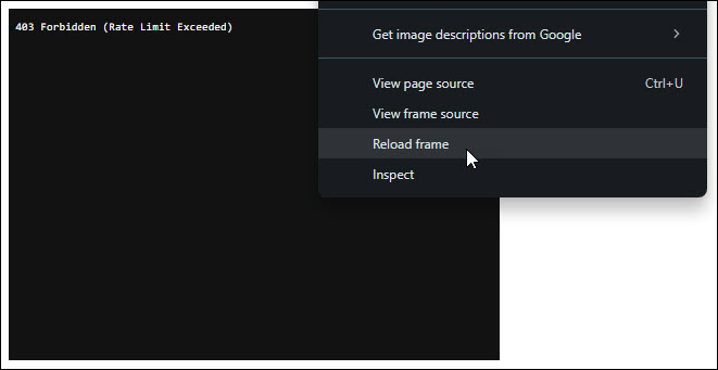 Screenshot of solving error message accompanied by some UICapture videos, the option to reload frame is highlighted.