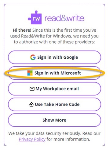 Screenshot displaying different options for signing into Read&Write, including Microsoft.