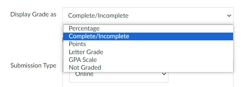 Drop down menu showing Display Grade as Complete/Incomplete 