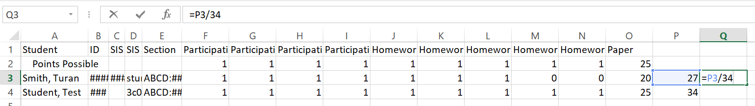 Using Excel to configure final grade with missing assignments