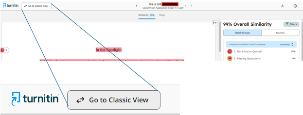 Turnitin dashboard with 'Go to Classic View' button highlighted