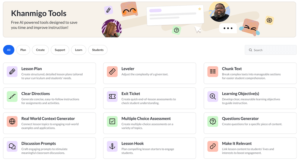 Screenshot of the 23 AI tools Khanmgio offers to instructors. 