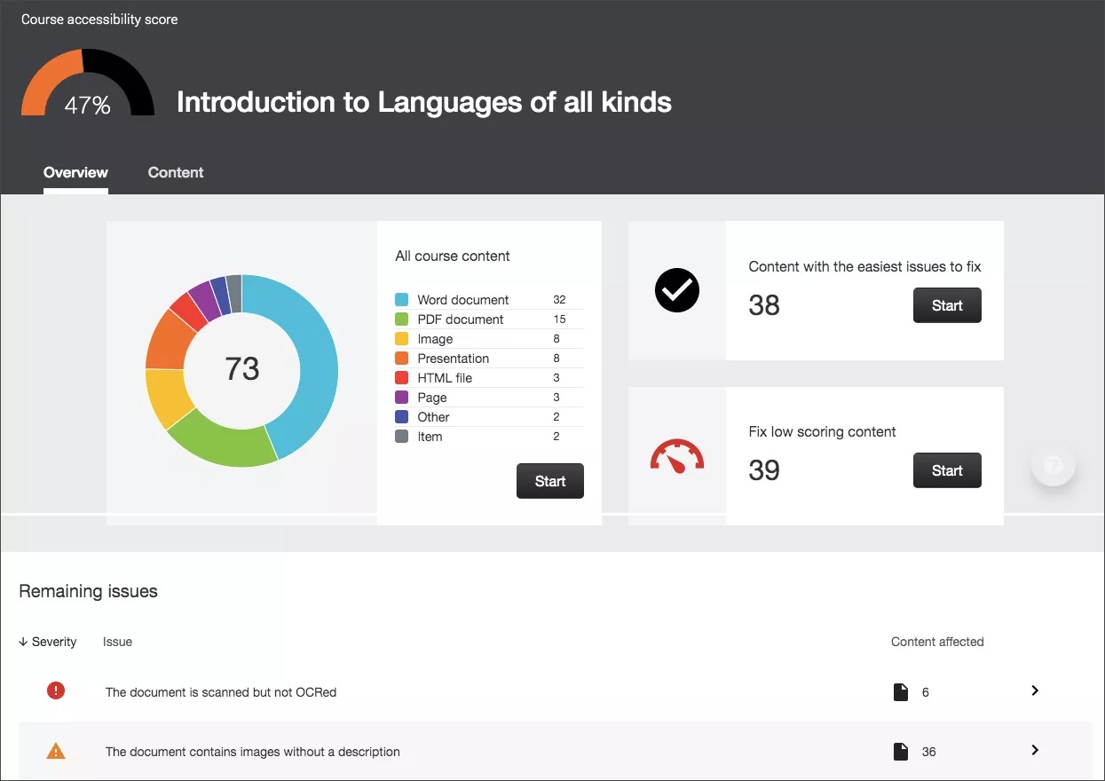 Screenshot of an Ally Course Report for an instructor.