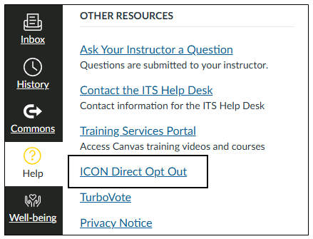 ICON Direct Opt Out link in Help menu