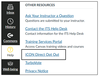 Screenshot of the ICON Direct opt out tool's location in the ICON Help Menu.