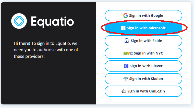 Equatio page with "sign in with Microsoft" highlighted.
