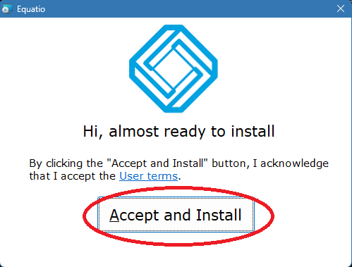 Equatio installation window, with Accept and Install highlighted.