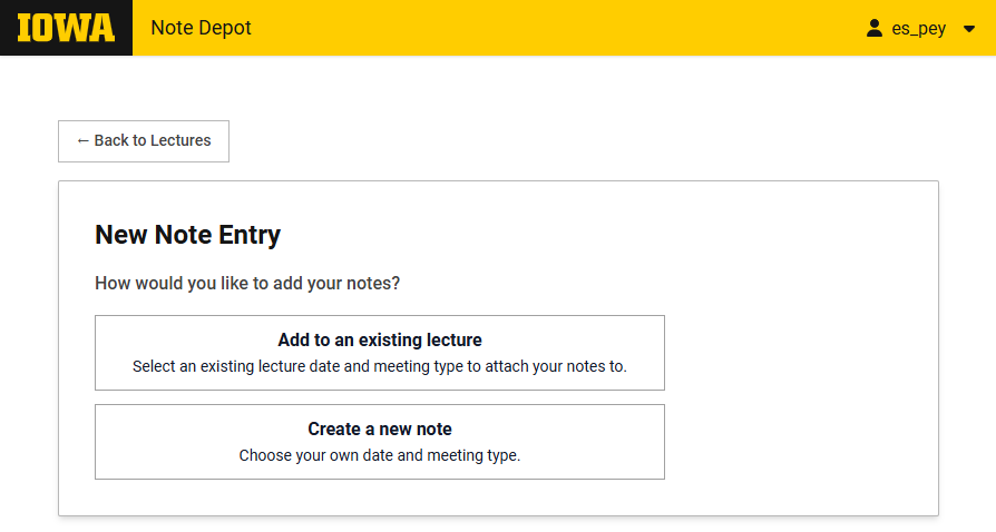 Screenshot of the Iowa Note Depot page for creating a new note, showing options to add notes to an existing lecture or create a new note.
