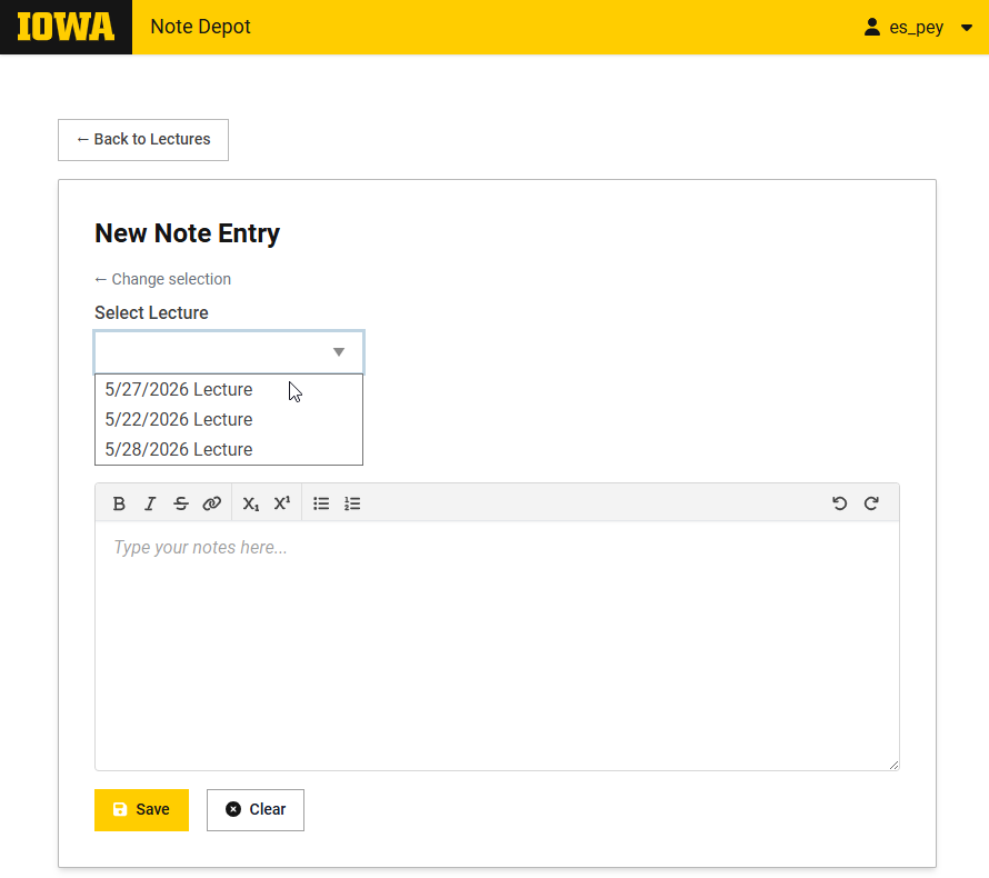 Screenshot of an Iowa Note Depot form with the lecture-selection dropdown open and a blank note editor.
