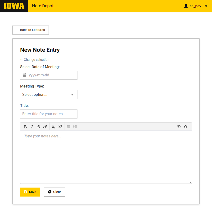 Screenshot of an Iowa Note Depot page displaying a blank New Note Entry form with date, meeting type, title, notes editor, Save, and Clear controls.