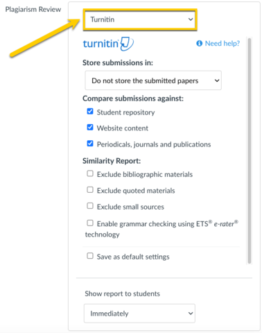 screenshot of Turnitin settings plagiarism review