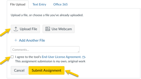 screenshot of student view of uploading assignment file