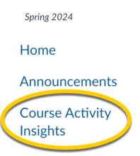 screenshot of ICON navigation bar with Course Activities Insights circled