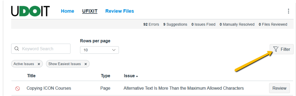 A screenshot of UFIXIT page and with an arrow pointing to the filter option