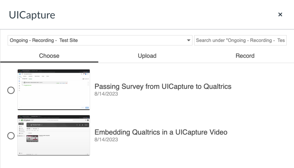 screenshot of choosing a UICapture video to embed in RCE