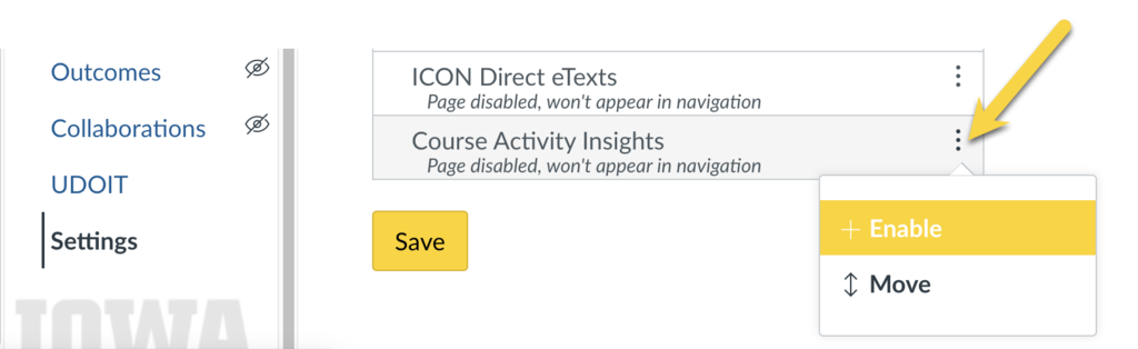 screenshot of enabling Course Activities Insights with an arrow pointing to three vertical dots. 