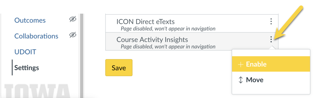 screenshot of enabling Course Activities Insights with an arrow pointing to three vertical dots.