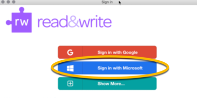 sign-in options for Read&Write with Sign in with Microsoft circled